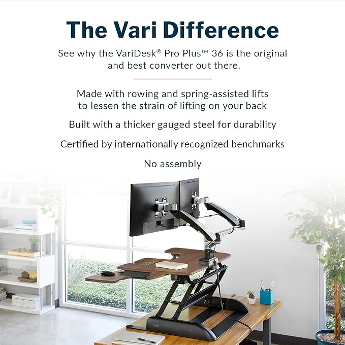Vari VariDesk Pro Plus 36 Standing Desk Converter – 11 Height Settings + Spring Lift, 2 Tier Design, Keyboard Tray, Fits Desktops 36” Wide x 26.5" Deep – Delivers Fully Assembled (Walnut)