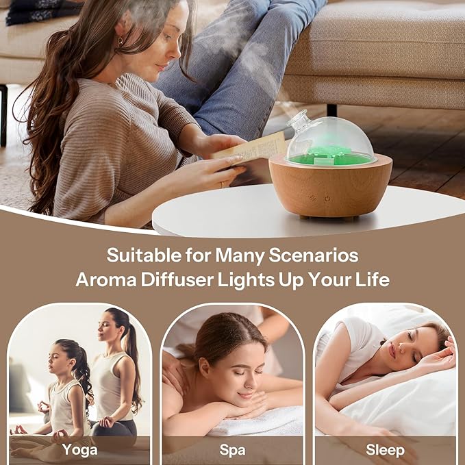 Wanlola 200ml Glass Essential Oil Diffuser with Natural Wood Base, Aromatherapy Diffusers for Home, Cool Mist Air Humidifier with 7 Color Lights for Office, Bedroom