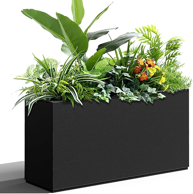 Tall Metal Planter, 10" W×16.3" H Large Rectangular Planter Box for Outdoor or Indoor, All-Weather Durable Plant Box with Drainage Holes & Removable Shelf for Patio, Porch, Garden, Trees, Flowers