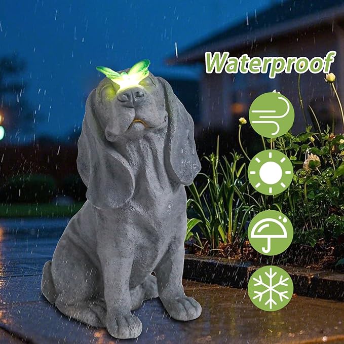 Garden Statue Dog Figurines - Outdoor Dog Statue with Solar Butterfly Lights for Patio Yard Art Decor Balcony Lawn Ornament. Ideal Housewarming Gardening Gifts for Dad Mom