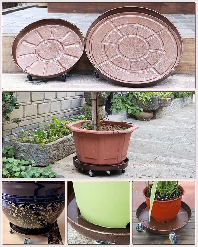 Heavy Duty Plant Caddy with Solid Rubber Wheels, Lockable, Increased Load Capacity, One-Minute Installation, Suitable for Indoor, Outdoor, Patio, Garden Settings, 12 Inches 2PACK, Brown