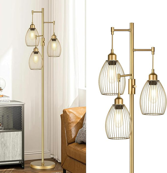 Torondo Dimmable Floor Lamp, Industrial Floor Lamps for Living Room, Gold Tree Lamp Standing Lamp Tall Lamps with 3 Elegant Teardrop Cage Head & 800 Lumens LED Bulbs for Living Room Bedroom Office