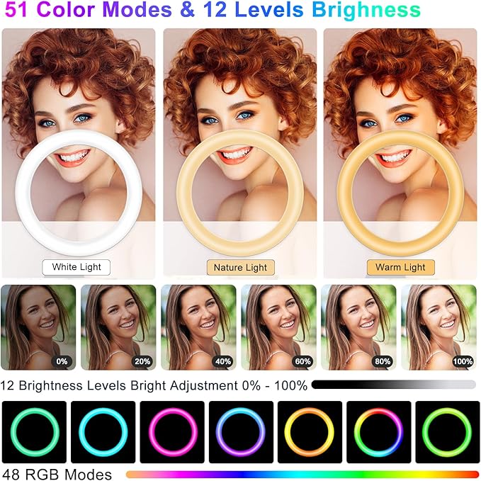 STALLY 13.3" Ring Light with Stand, Music Mode, 75" Tall with 3 Phone Holder, 3 CCT Modes & 48 RGB Color Modes, Ring Light Tripod for iPhone with Wireless Remote, Great for Photograph/Makeup/TikTok