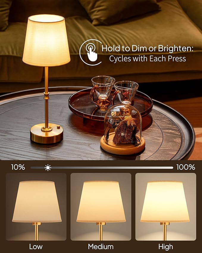 EppieBasic Cordless Table Lamp Rechargeable: Fast Charging & Long Lasting - 2700K Warm Light Vintage Gold Lamps for Women Housewife - Dinning Living Room Bedroom - 2 Pack