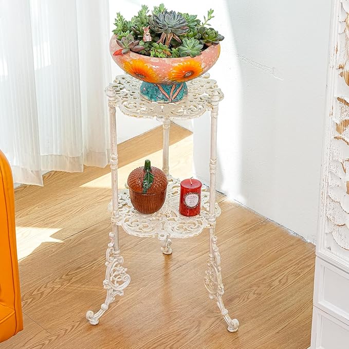 Sungmor Vintage Cast Iron 2-Tier Plant Stand, Elegant Butterfly & Floral Design with Antique White Finish, 24 Inch Tall Rustic Flower Pot Holder, Heavy Duty Metal Display Shelf for Indoor and Outdoor