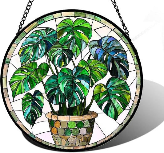 Stained Glass Window Hanging, Green Plant Monstera t Suncatcher Diamond Colorful Glass Panel Sun Catchers Decor for Birthday for Women, Men, Wife, Aunt, and Mom 9.8 in