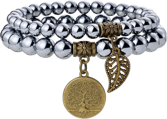 Bivei Natural Semi Precious Gemstone beads bracelet for women - Life Tree and Leaf Charm Energy Reiki Crystal Stretch Bracelets