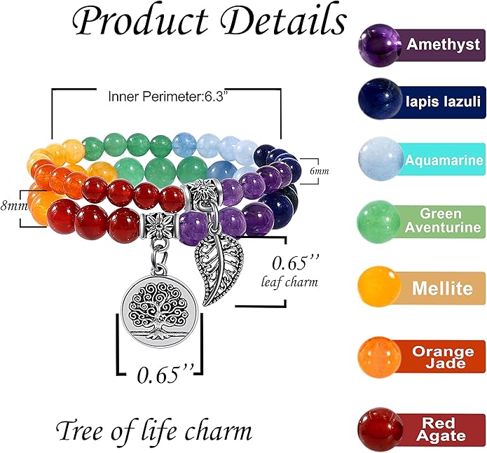Bivei Natural Semi Precious Gemstone beads bracelet for women - Life Tree and Leaf Charm Energy Reiki Crystal Stretch Bracelets
