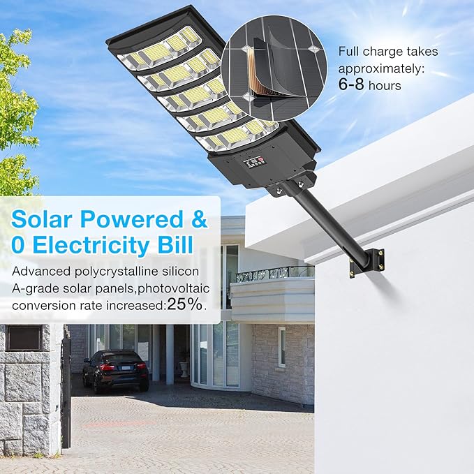 Solar Street Light Outdoor Waterproof,8000W Solar Powered Parking Lot Lights Large Street Light Dusk to Dawn with Motion Sensor, LED Flood Light Wide Angle Lamp for Patio and Parkling Lot-1Pack