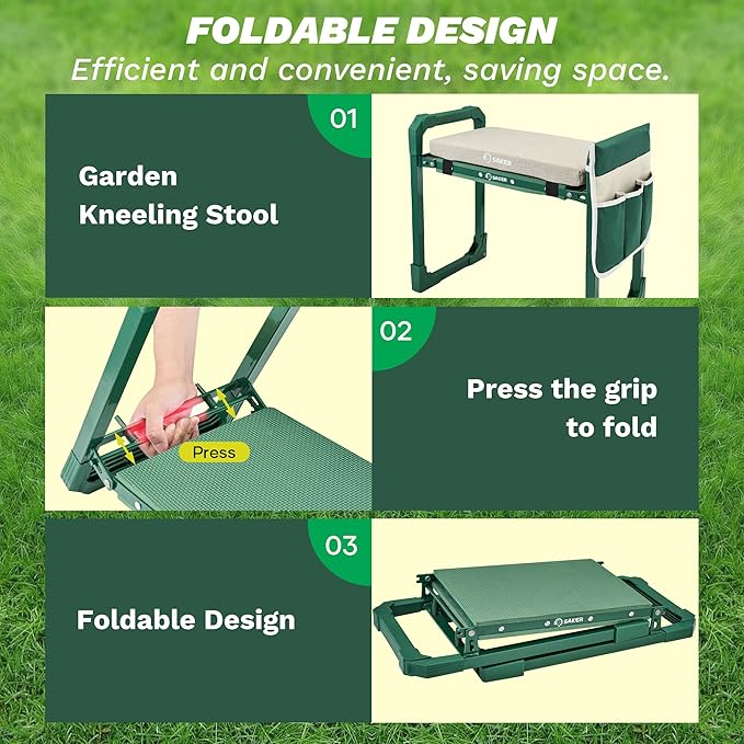 Saker Garden Kneeler and Seat Foldable Gardening Stool with Extendable Legs & Thickened Pad, Tool, Heavy Duty Support for Elderly, Gardening, Outdoor Use