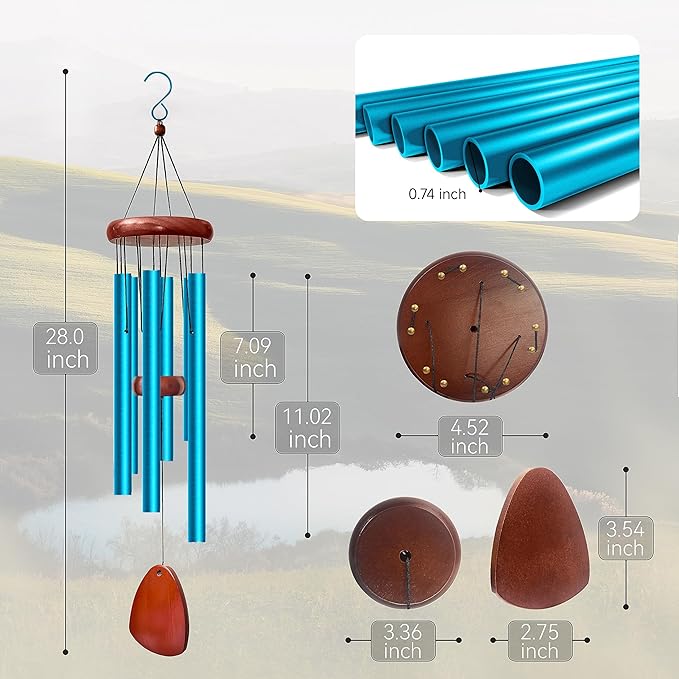 28" Wind Chimes for Outside. Deep Tone Lovely Wind Chimes with 6 Aluminum Tubes Courtyard Decoration. Windchimes Outdoor Create an Enjoyable Atmosphere & Give Mom a Gift（Blue）
