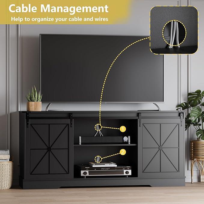 Farmhouse TV Stand for 65/60/55 Inch Tvs, Rustic Entertainment Center with Storage Cabinets & Sliding Barn Doors, Modern Media Console Table, Wood Television Furniture for Living Room, Bedroom, Black