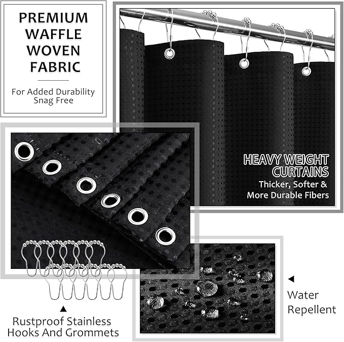8-Piece Matte Black Bathroom Set - Luxury Resin Bathroom Accessories Sets Complete with Shower Curtain and Rugs, Soap Dispenser, Toothbrush Holder, Cup, Apothecary Jars & Tray