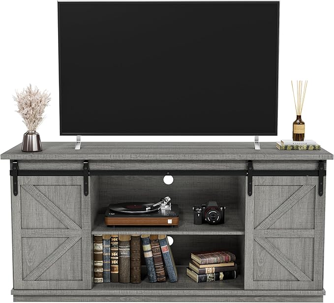 JUMMICO TV Stand for 65 Inch TV, Entertainment Center with Storage Cabinets and Sliding Barn Doors, Mid Century Modern Media TV Console Table for Living Room Bedroom (Pale Gray)