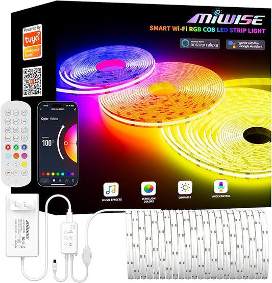 MIWISE RGB COB LED Strip Light 32.8ft/10m,Color Changing Dimmable Super Bright Strip Light 24V,Work with Alexa/Google Assistant/Tuya Multicolor Flexible Tape Light,for TV,Bedroom,Party DIY Decoration