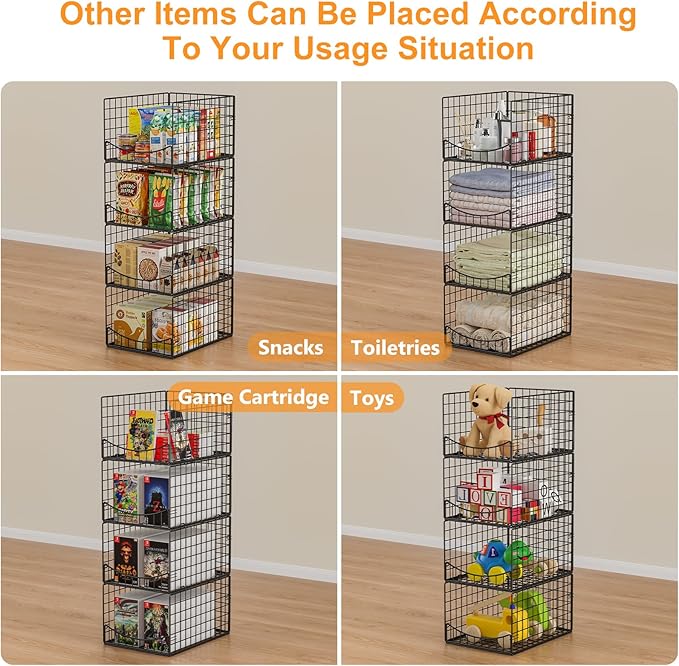 4-Tier Stackable Closet Organizers and Storage Shelves, Clothes Storage Basket, Clothes Shelf Organizer Sweater Organizer Bins Container for Wardrobe Kitchen Bathroom Office, Black