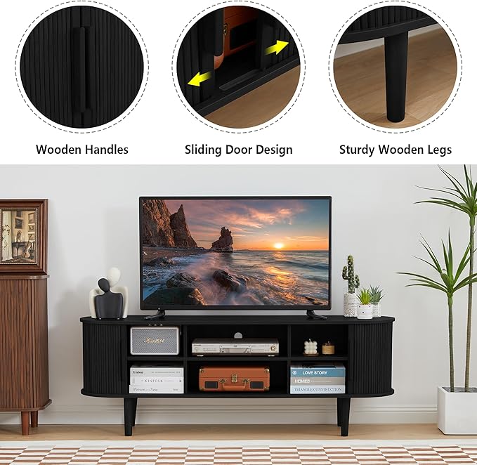 TV Stand, Media Console Table with Sliding Door and Storage Compartment, Modern Entertainment Center with Storage for Living Room, Bedroom, Home Office (Black)