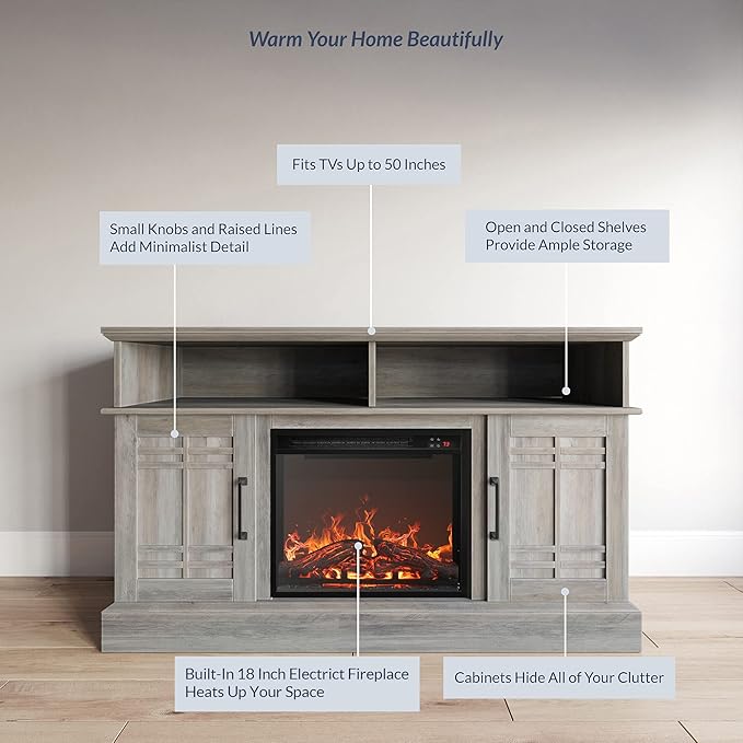 BELLEZE 48" TV Stand with 18" Electric Fireplace Heater, Modern TV Stand for TVs up to 50", Entertainment Media Stand with Open Shelves and Storage Cabinets for Living Room, Bedroom (Grey Wash)