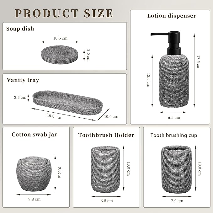 Bathroom Accessory Set - 6PCS Bathroom Accessories Set: Soap Dish, Lotion Dispenser, Toothbrush Holder, Toothbrush Cup, Vantiy Tray, Qtip Holder, Aesthetic Decor Bathroom Sets