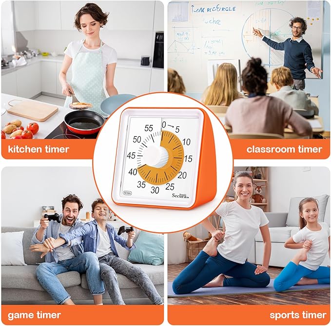 Secura 60 Minute Essential Visual Timer for Kids, Countdown Clock Timer for Special Education, Classroom, School, Desk, Home, Office, Silent Non-Ticking Time Management Tool (Orange & Orange)