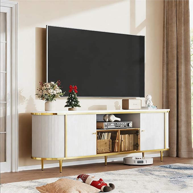 Luxury 70" Fluted TV Stand, Modern Entertainment Center for TVs Up to 80”, TV Console with Faux Marble Tabletop, Curved Profile Design, Media Console for Living Room, White