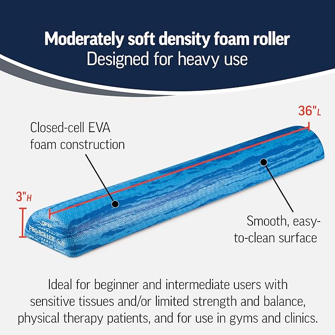 OPTP PRO-Roller Soft Density Foam Roller – Low Density Soft Foam Roller for Physical Therapy, Pilates, Yoga Foam Roll Exercises, and Muscle Recovery - Blue 36" x 6" x 3" Half-Round