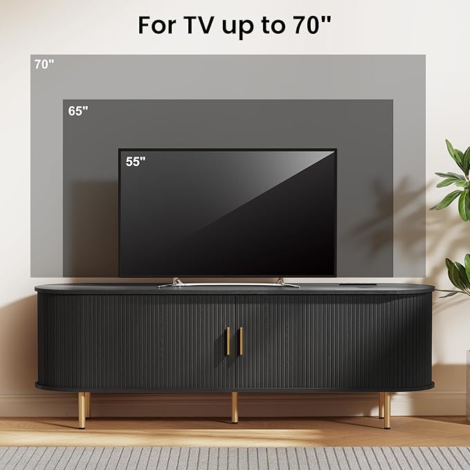 DHH Tv Stand Cabinet with Storage,Fluted Tv Console Entertainment Center with Storage Adjustable Shelves, Modern Vintage with Sliding Doors tv Stand for Living Room (Black, 63 Inch)