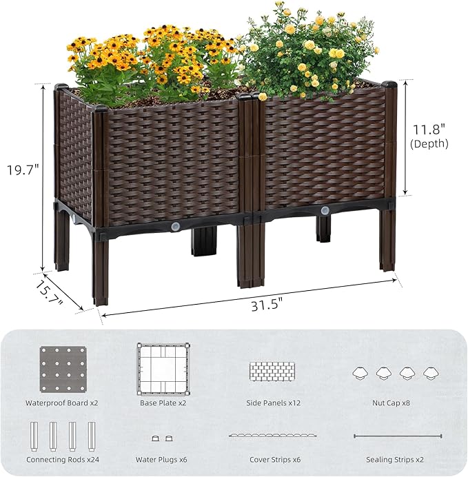 Rattan Raised Garden Bed with Legs-Rectangular Elevated Planters for Outdoor Plants, Self Watering Planter Box 32"L x 16"W x 20"H, Rectangular Deep Garden Bed for Vegetables, Flowers, Herbs