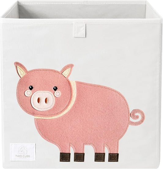 Two Cubs Foldable Kids Toy Storage Box - 13"x13" Cube Organizer Bin with Durable 2.6mm Plastic Plate Boards, Pig Design in White - Collapsible Nursery & Playroom Storage, Fits IKEA Kallax Shelves