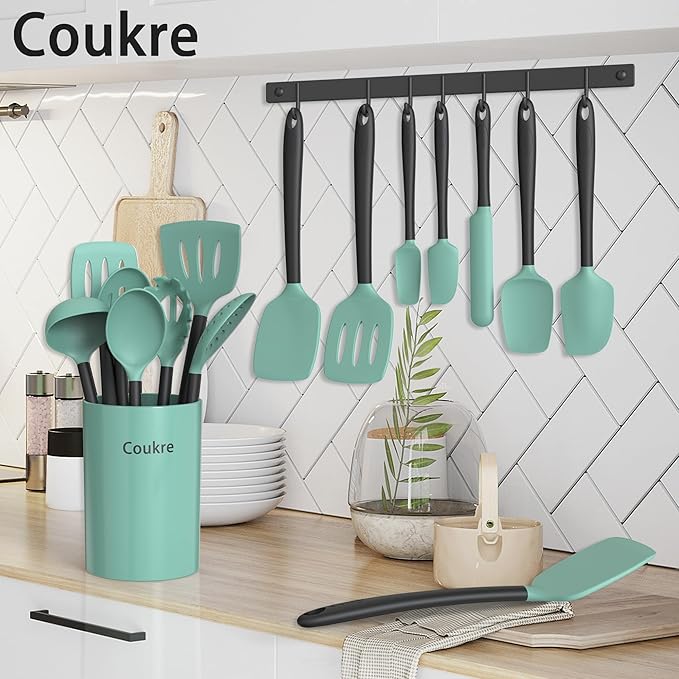 Coukre Silicone Kitchen Cooking Utensils Set with Holder – Heat-Resistant, Food-Grade Kitchen Tools, Spatula, Spoon & Gadgets for Non-Stick Pans, Dishwasher Safe (14, AquaGreen)