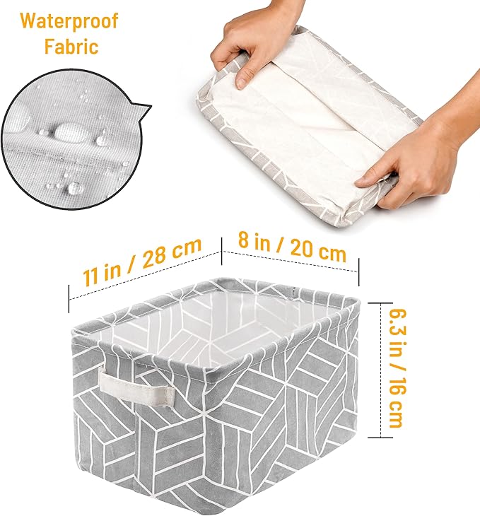 CROWNED 6 Pcs Storage Basket Foldable Cube Fabric Bins Square Mini Box Receive Organizer Rectangle Canvas with Handles for Home Office Books Small 11x8x6.3 inch Grey