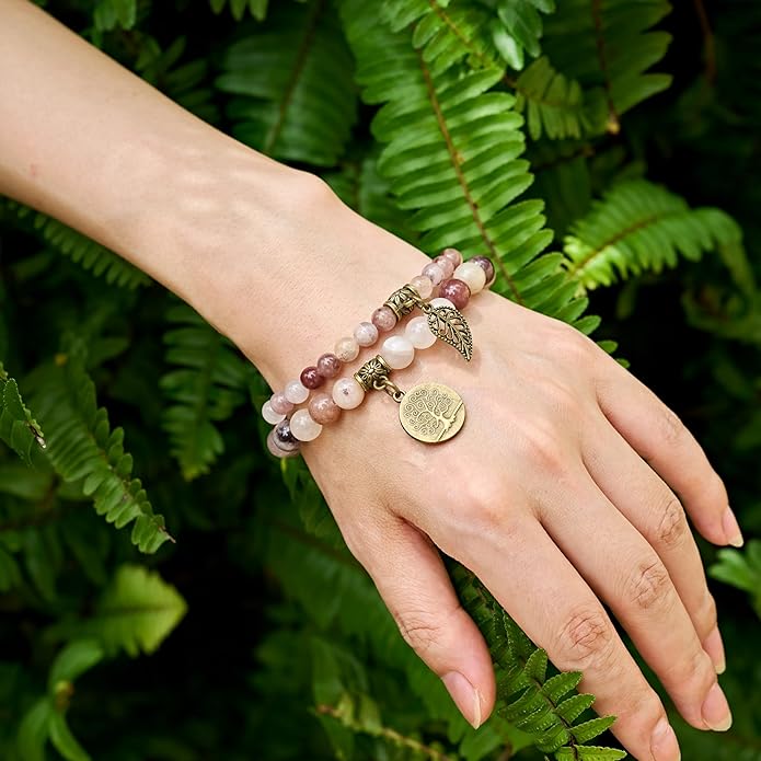 Bivei Natural Semi Precious Gemstone beads bracelet for women - Life Tree and Leaf Charm Energy Reiki Crystal Stretch Bracelets