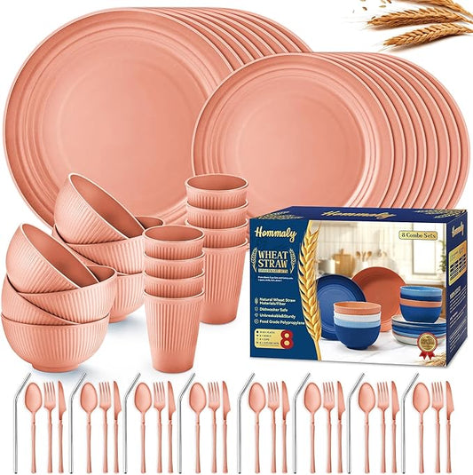 Wheat Straw Dinnerware Sets,64-Piece Plates and Bowls Sets for 8-Unbreakable,Reusable Plastic Dish Set-Dinner Plate/Dessert Plate/Bowl/Cup/Utensils-Microwavable Dishwasher Safe 64P-Coral Orange