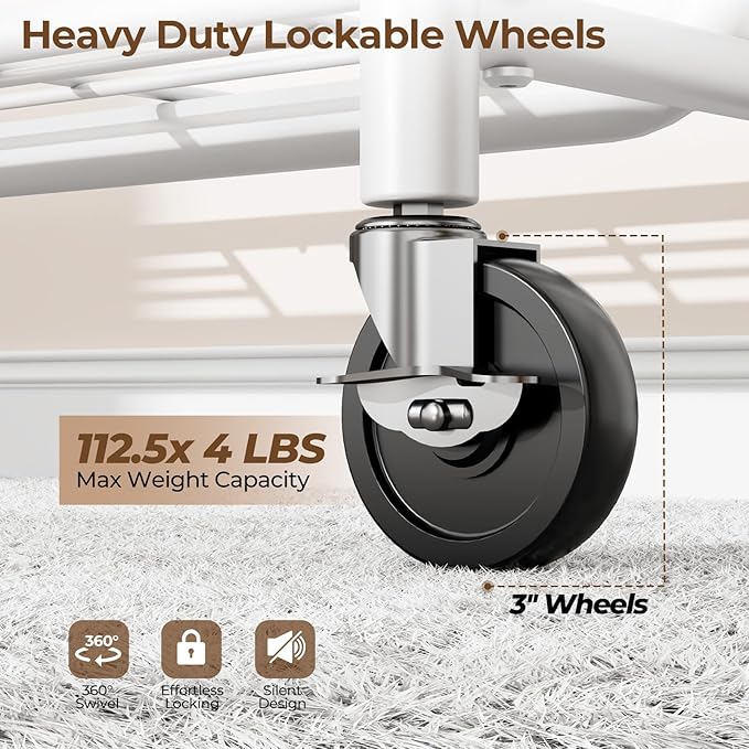 Heavy Duty Clothes Rack Load 450 LBS, Metal Garment Rack, Standing Rolling Clothing Rack for Hanging Clothes with Sturdy Wheels & Shelves, Portable Closet Wardrobe Rack,White