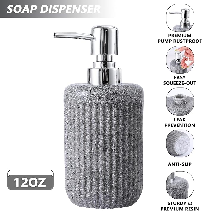 Resin Grey Bathroom Accessories Set 5 Pcs, Lotion Soap Dispenser, Toothbrush Holder, Bathroom Tumbler, Qtip Holder and Vanity Tray, Bathroom Countertop Organizer Set for Modern Home Apartment