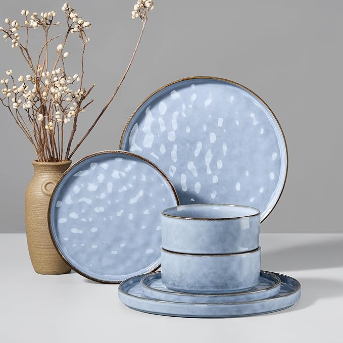 HaWare Dinnerware Sets, 6-Piece Plates and Bowls Set, Stoneware Dish Set for 2, Ceramic Dinnerware for Home Restaurant, Chip and Scratch Resistant, Microwave and Dishwasher Safe, Reactive Blue