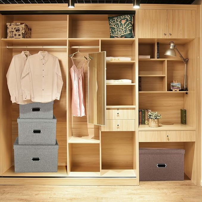 Linen Fabric Collapsible Storage Bins with Removable Lids and Handles, Washable Storage Box Containers Baskets Cube with Cover for Bedroom,Closet,Office,Living Room,Nursery (Coffee, Medium)