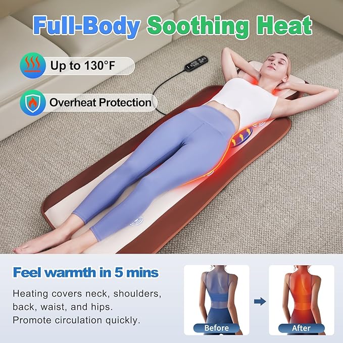 Full Body Massage Mat with Heat, Back Massage Pad with Lumbar Traction, Heating Pillow-Equipped, 4 Massage Modes & 6 Quieter Motors, Adjustable Waist to Fit 5'0-6'2, Foldable & Portable Design