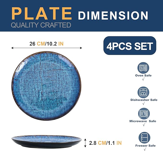 Ceramic Dinner Plates Set of 4, 10 Inch Porcelain Pasta and Salad Plates, Handmade Stoneware Plate Set for 4, Round Dishes for Home Decor, Microwave,Oven,and Dishwasher Safe, Blue