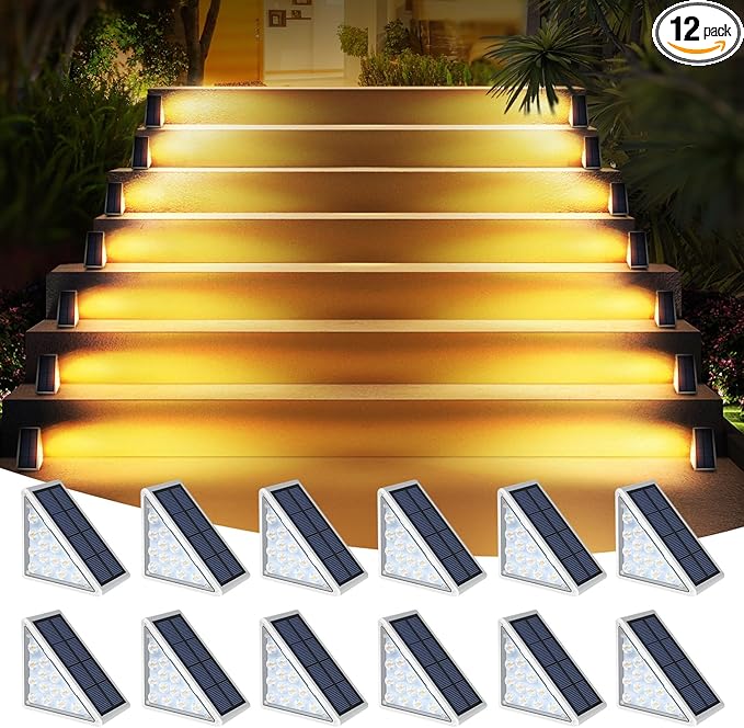 LED Solar Step Lights Waterproof Outdoor Stair Lights, Warm White Solar Deck Lights IP67 Solar Decoration Lights for Yard, Patio, Garden, Walkways, Front Door, Pathway, Driveway, Porch 12 Pack