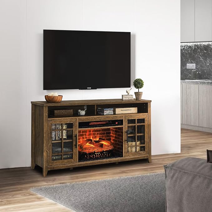 55" Rustic Fireplace TV Stand with 23" Fireplace Heater, Media Entertainment Center for TV up to 65", Open Storage Shelves, Cabinet Console Table, Reclaimed Barnwood