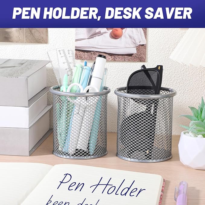 Segarty Pen Holder for Desk, 3 Pack Round Silver Pen Holder, Wire Mesh Pencil Cup Holder Containers Set, Desktop Organizer for Office Supplies, School Classroom, Home, Makeup Brush