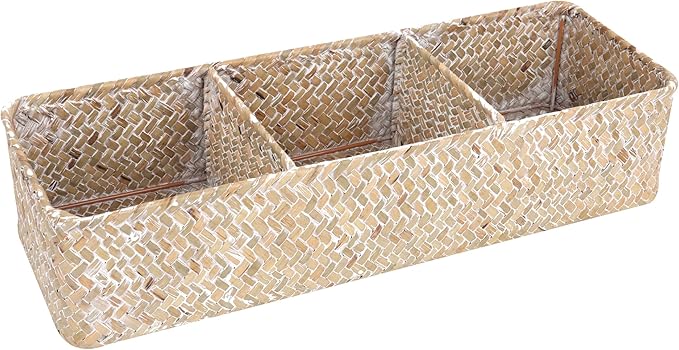 Shelf Baskets with Dividers, Seagrass Storage Baskets Rectangular Wicker Woven Back of Toilet Basket for Home Organizer