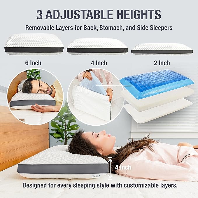 The Perfect Pillow Dual Temperature Memory Foam Pillow with Adjustable/Removable Layers for Back, Stomach, & Side Sleepers - Luxury Custom Loft Bed Pillow for Sleeping - Standard