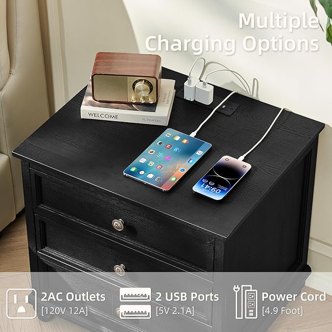 Farmhouse Nightstand with Charging Station, 24" Wide End Table with 3 Drawers,Wood Dresser Cabinet for Bedroom, Bed Side Table Chest of Drawers,Night Stand for Living Room, Closet,Black