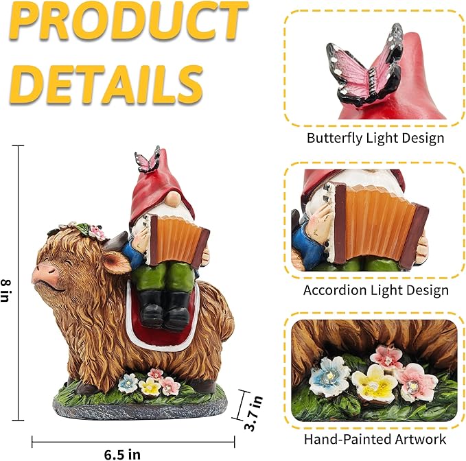 Garden Gnomes Outdoor Statues: 8'' Solar Light Gnome Decor on Highland Cow Play The Accordion Unique Birthday Gifts for Women Mother Grandma
