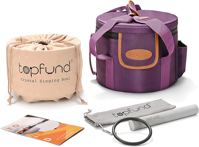 TOPFUND 7-12 inch 440Hz Chakra Set of 7 Color Crystal Singing Bowls with Carrying Cases and Mallets