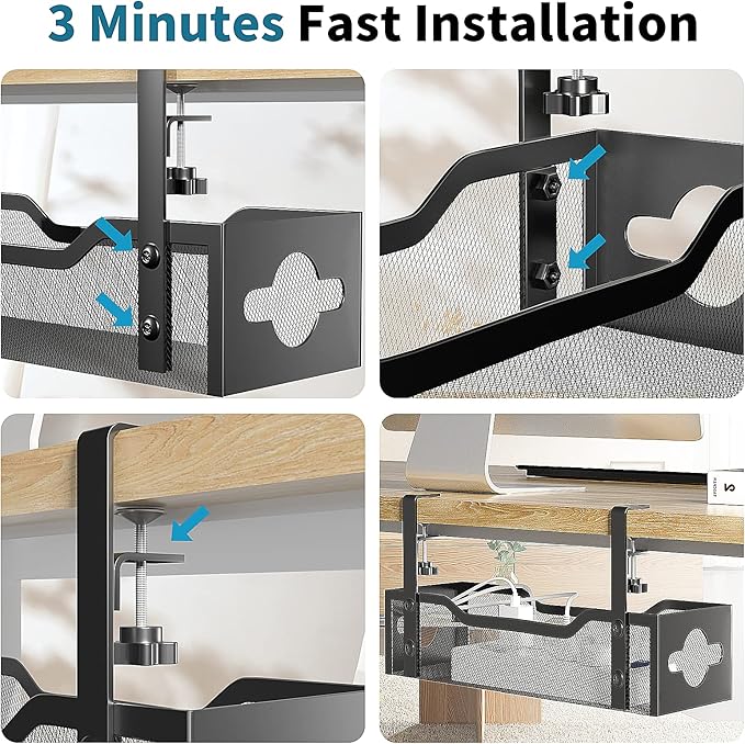 Under Desk Cable Management Tray 2 Pack, Cable Management Under Desk No Drill, Desk Cable Organizer with Clamp Easy to Install for Standing Desk Cord Organizer, Desk Wire Management No Damage to Desk