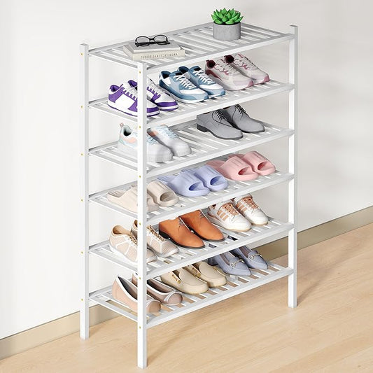 Smiry Bamboo Shoe Rack for Closet, 6 Tier Wooden Stackable Shoe Organizer, Free Standing Shoes Storage Shelf for Entryway, Front Door Entrance, White