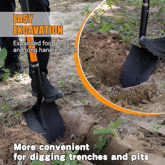 Heavy Duty Garden Shovel for Digging, 57 Inch Round Blade with Fiberglass Handle (Orange), Professional Shovel for Gardening, Landscaping, Beach